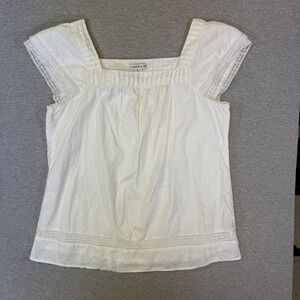 Hannah White Cotton Lace Trim Flutter Sleeve Square Neck Pleated Blouse XL